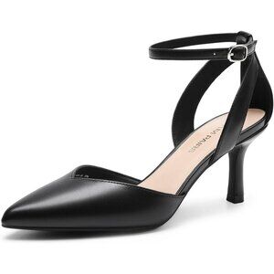 Dream Pairs Women Black-pu Closed Pointed Toe Kitten Heels Ankle Strap Pumps